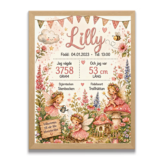 Personlig födelsetavla, doptavla för flicka med blomsterälvamotiv