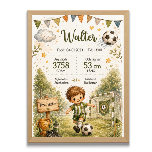 Personlig födelsetavla, doptavla för pojke med fotbollsmotiv