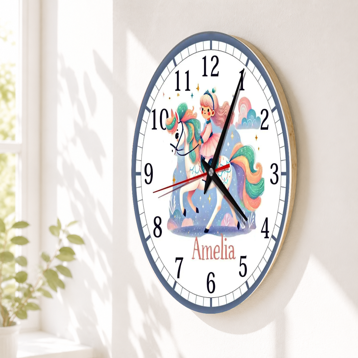 Stumme Wanduhr für Kinder mit Mädchen und Pferd