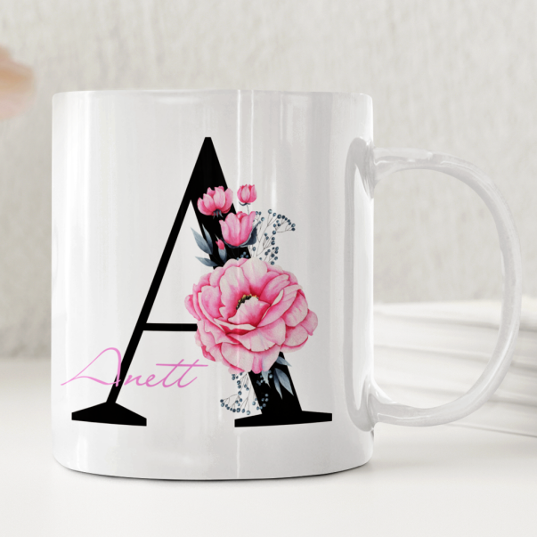 Personlig mugg med namn och rosa blommor ? romantisk blom-mugg - DalaStil