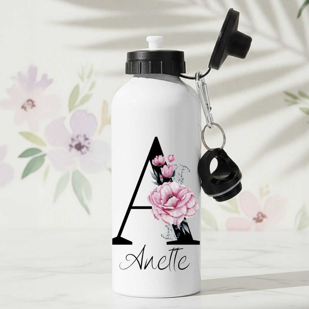 personlig vattenflaska med rosa blommor och valfritt namn