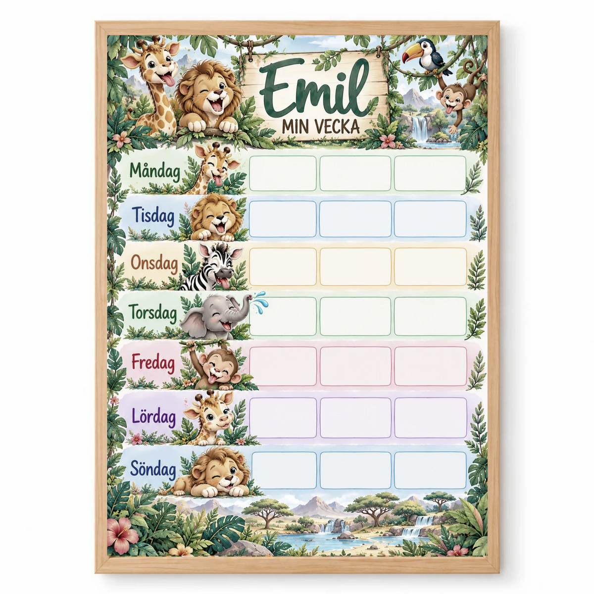 Wochenplan für Kinder mit Namen – Motiv Safari