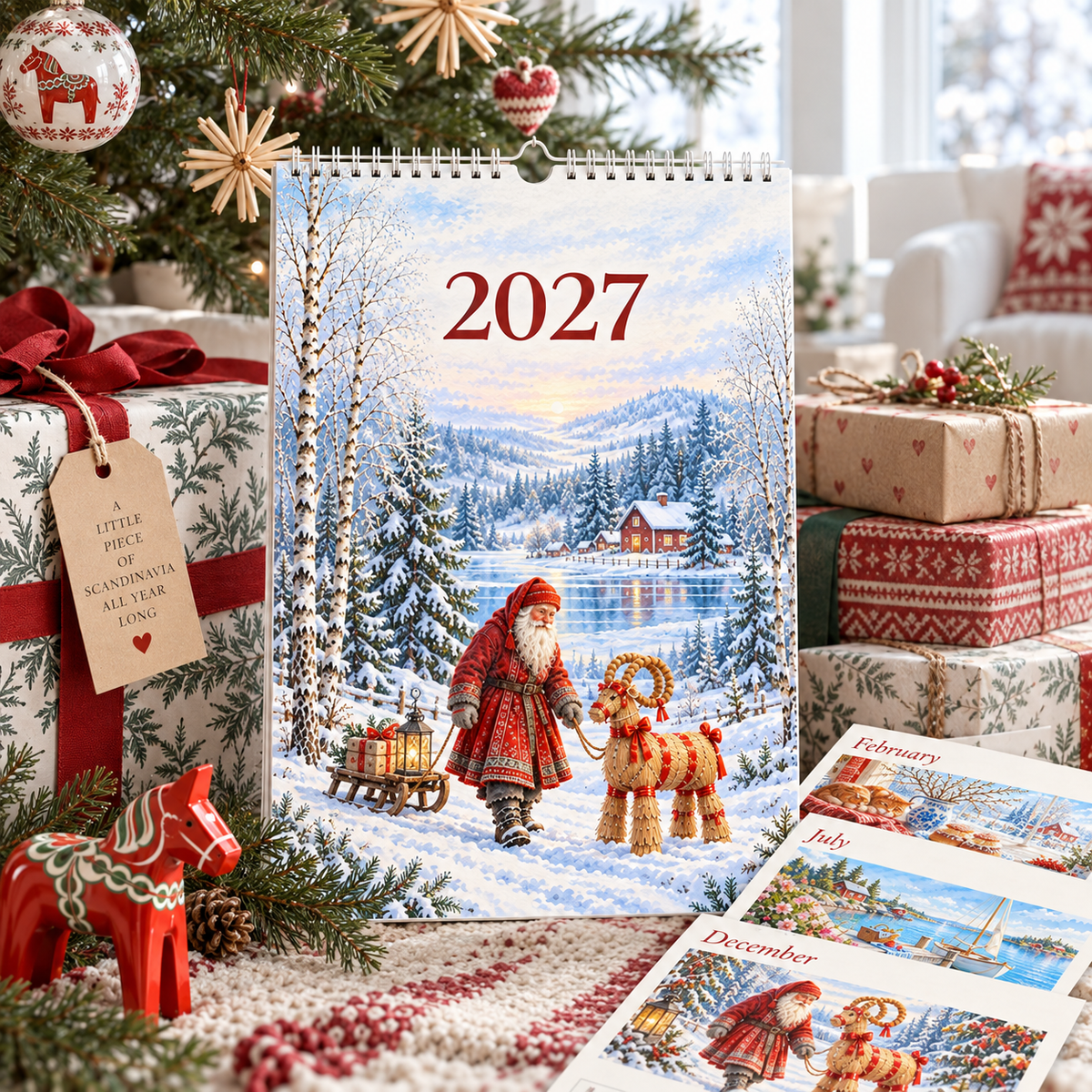 Skandinavisk väggkalender 2027 med vinterillustration – tystgående och vacker – DalaStil