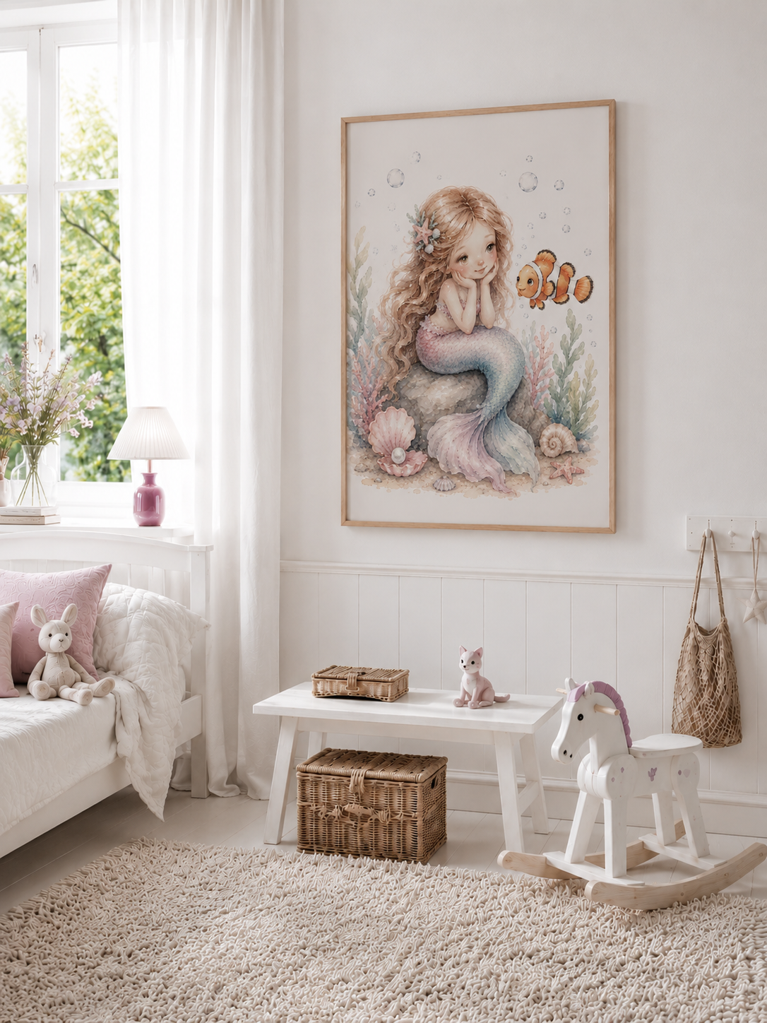Sjöjungfru med clownfisk barnposter – akvarell barntavla till flickrummet – DalaStil