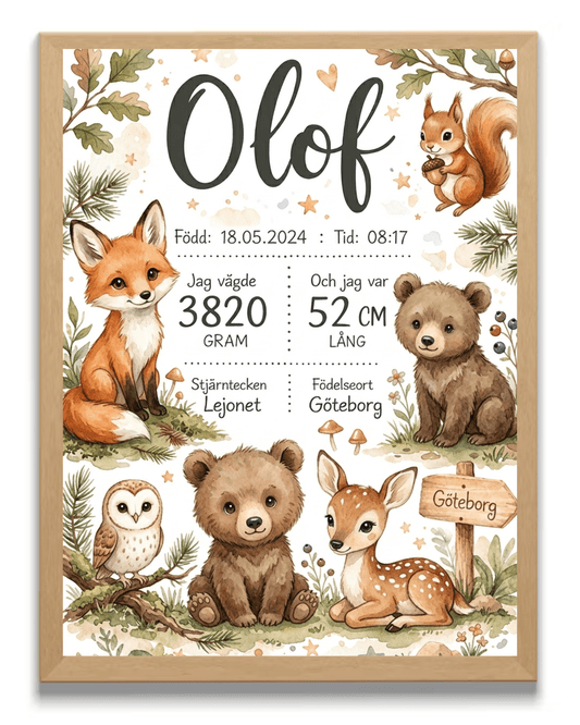 VäggdekorationPersonlig Födelsetavla - Skogsdjur