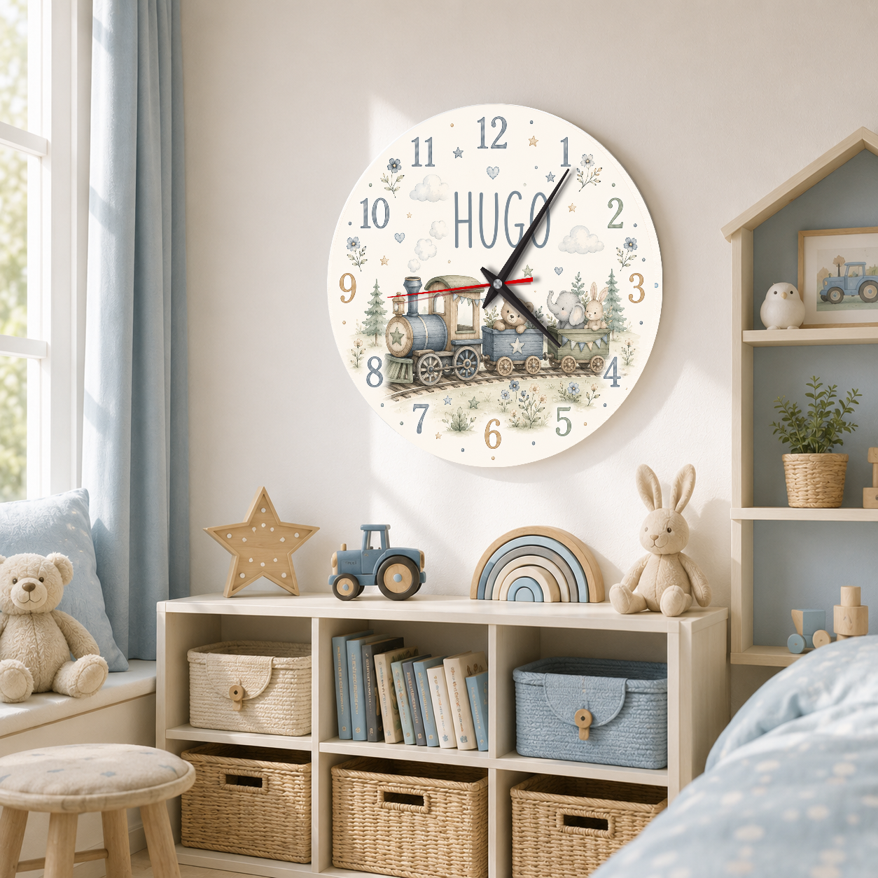 Lautlose Wanduhr für Kinder mit Heißluftballon und Teddybär