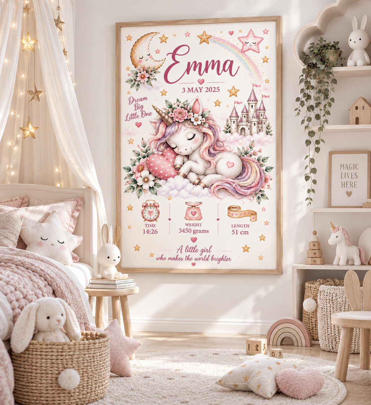Födelsetavla med enhörning i ekram i ett rosa flickrum – DalaStil