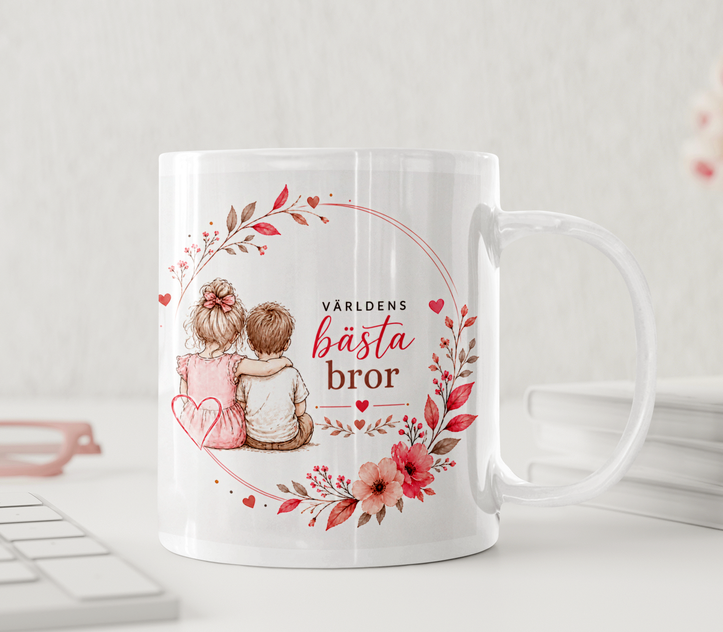 Personlig mugg - Världens bästa bror, line art, rosa blommor