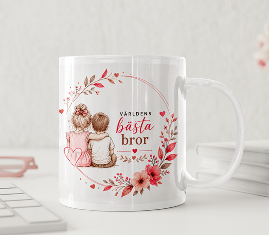 Personlig mugg - Världens bästa bror, line art, rosa blommor
