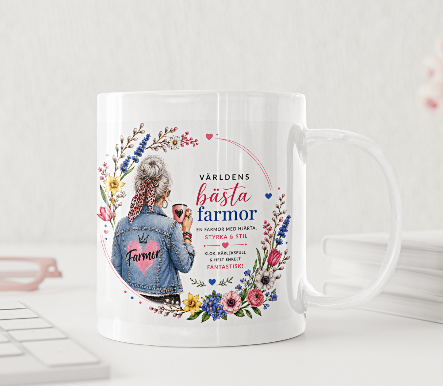 Personlig mugg - Världens bästa farmor, denim jacka leopard och vårblommor
