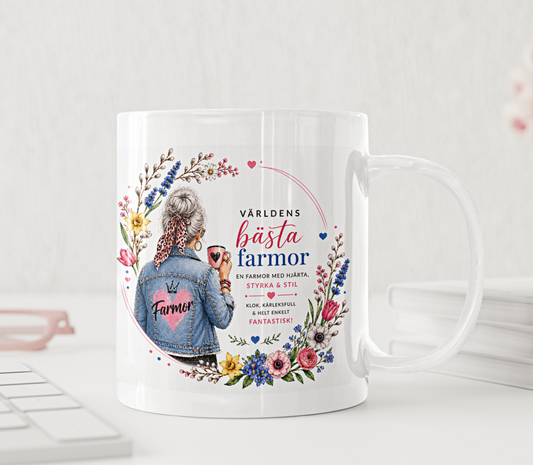 Personlig mugg - Världens bästa farmor, denim jacka leopard och vårblommor