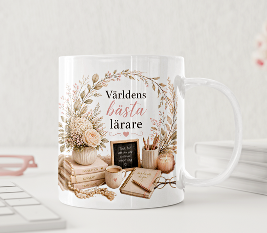 Personlig mugg - Världens bästa lärare, blommor och böcker, beige