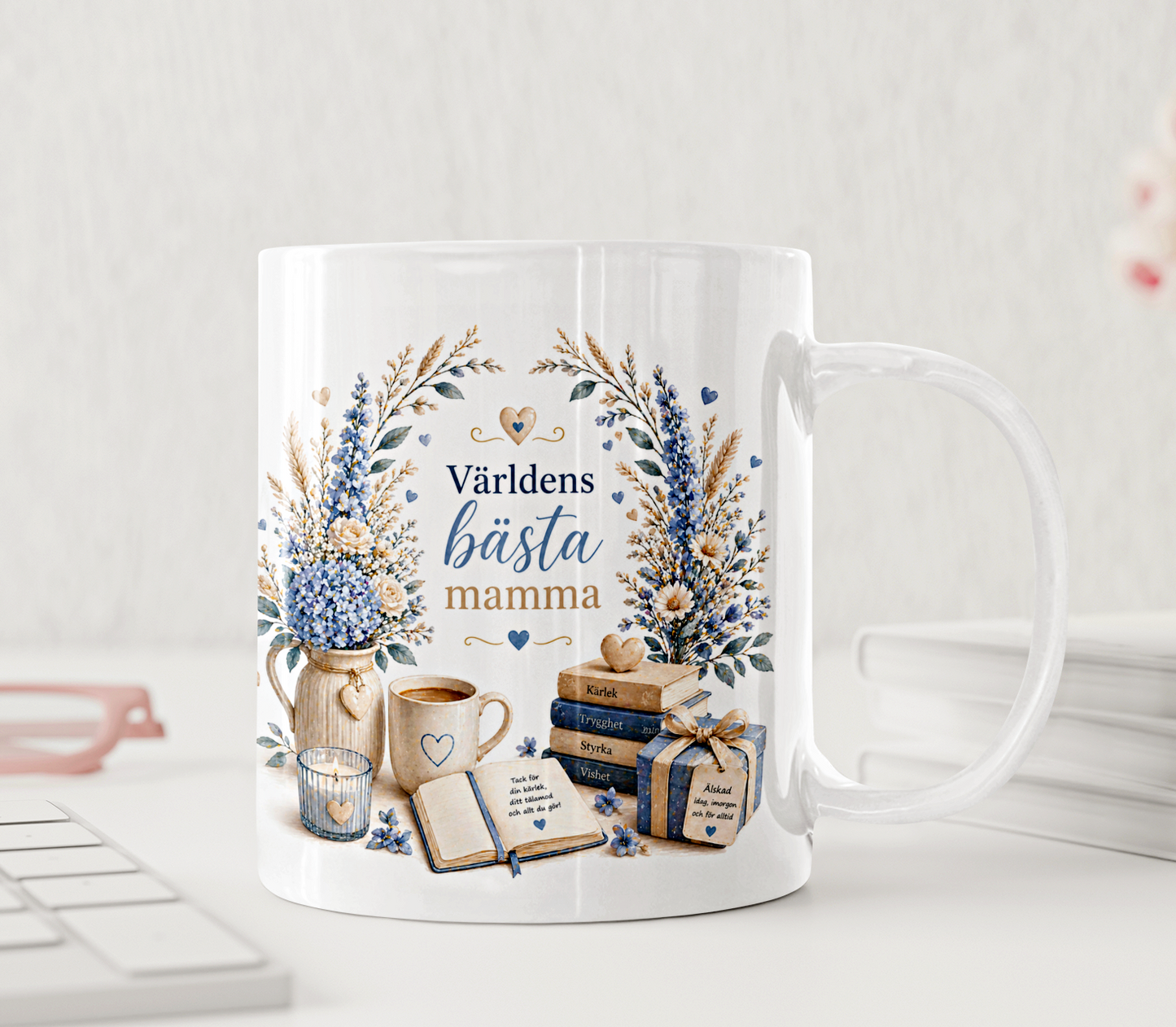 Personlig mugg - Världens bästa mamma, blå blommor och böcker, lavendel