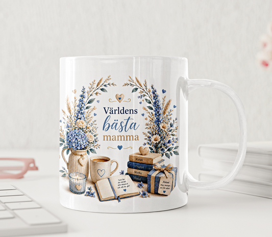 Personlig mugg - Världens bästa mamma, blå blommor och böcker, lavendel