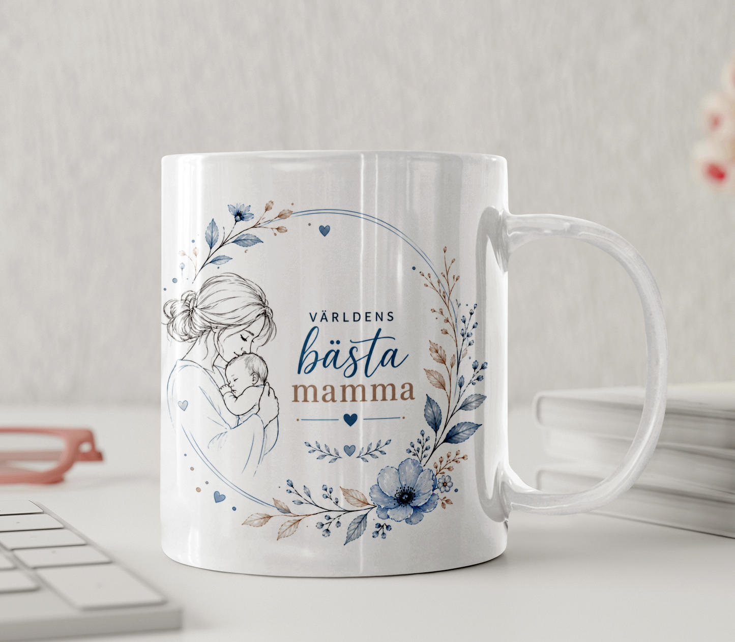 Personlig mugg - Världens bästa mamma, line art, blå blommor