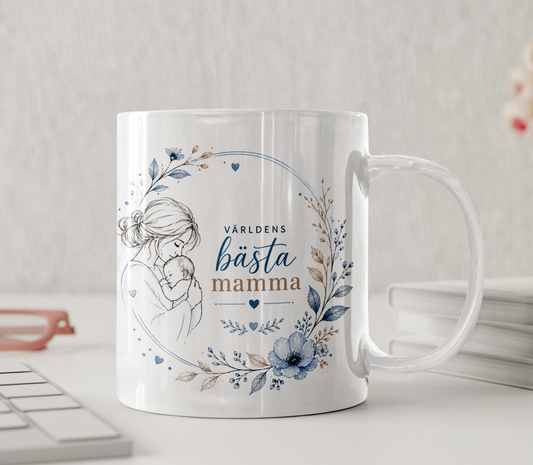 Personlig mugg - Världens bästa mamma, line art, blå blommor