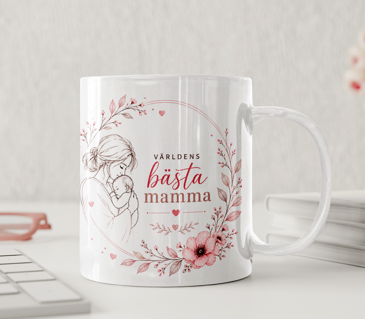 Personlig mugg - Världens bästa mamma, line art, rosa blommor