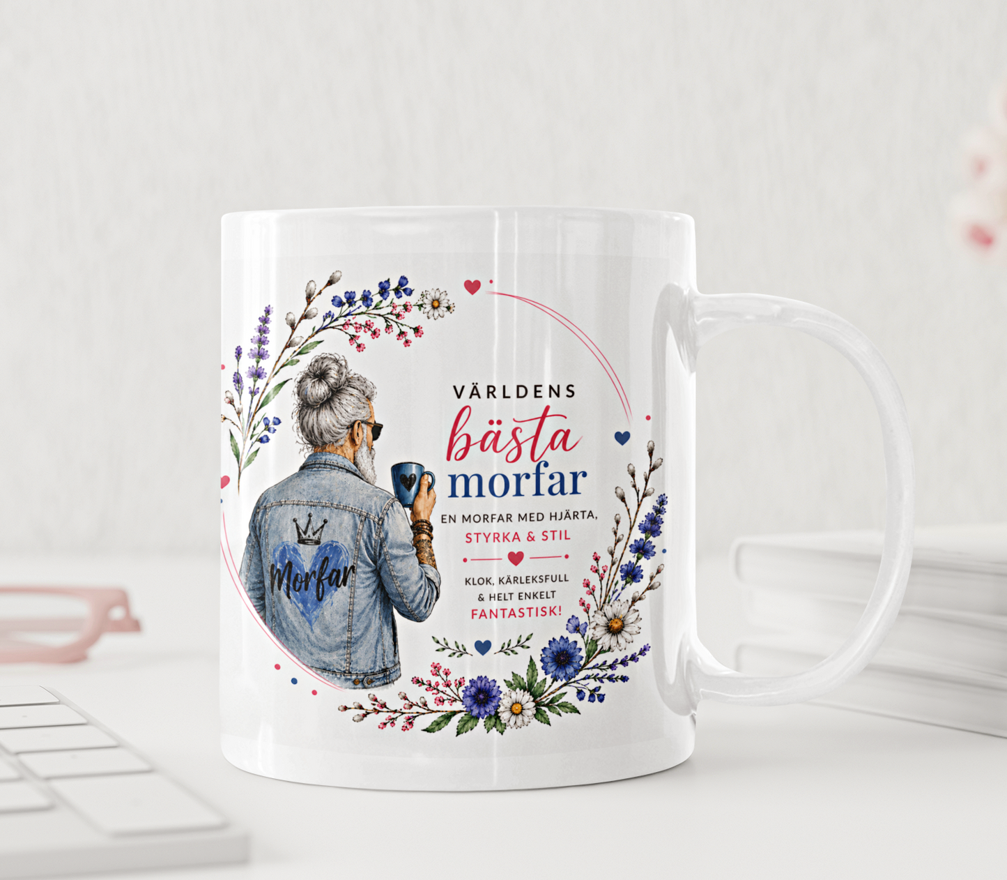 Personlig mugg - Världens bästa morfar, denim jacka och vårblommor