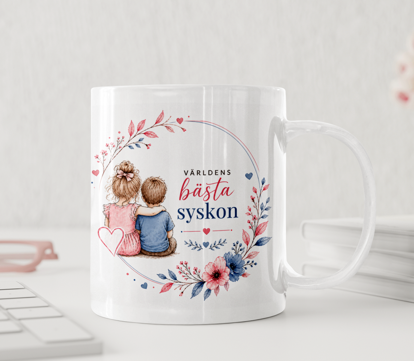 Personlig mugg - Världens bästa syskon, line art, rosa och blå blommor