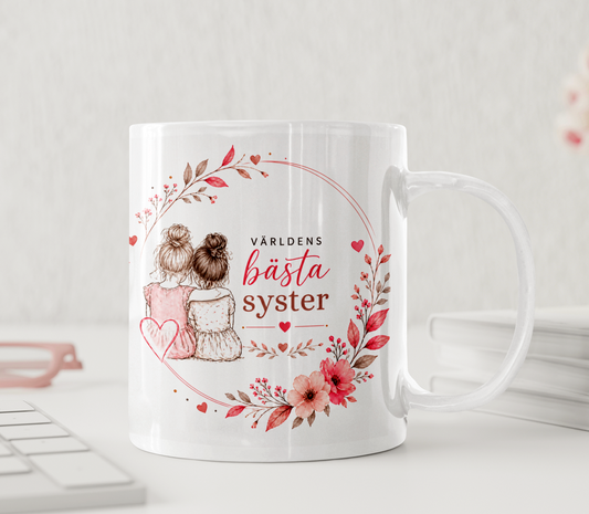 Personlig mugg - Världens bästa syster, line art, rosa blommor