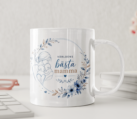 Personlig mugg - Världens bästa tvillingmamma, line art, blå blommor