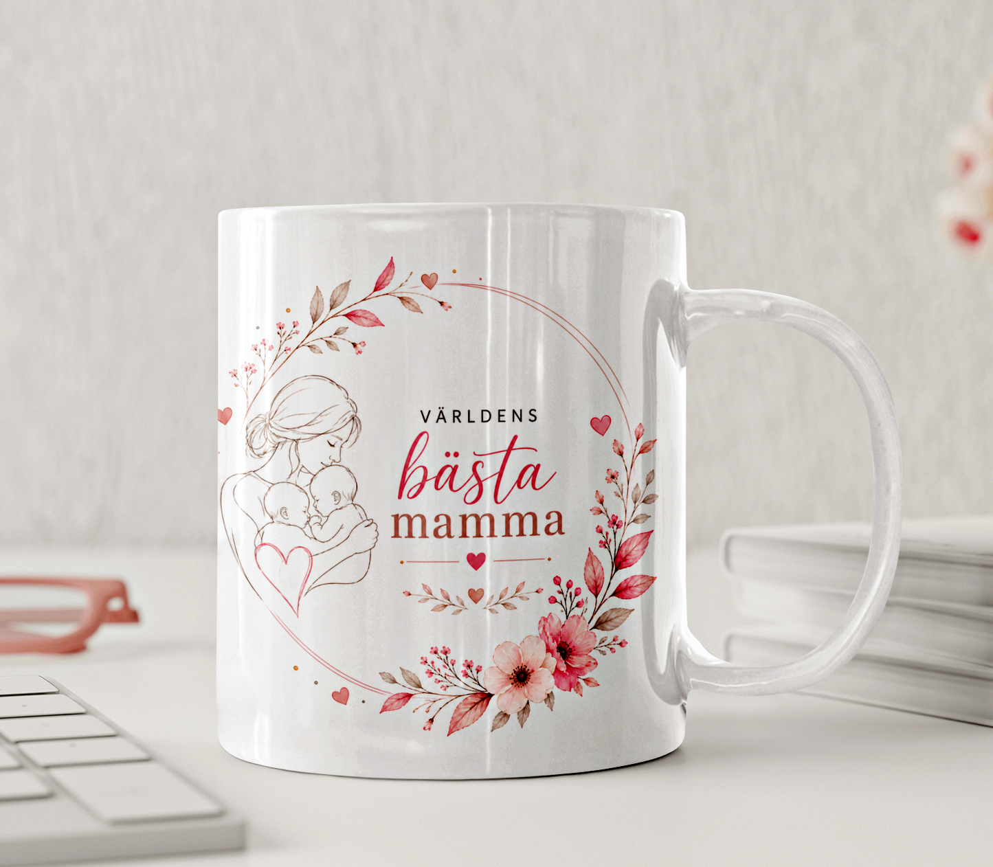 Personlig mugg - Världens bästa tvillingmamma, line art, rosa blommor