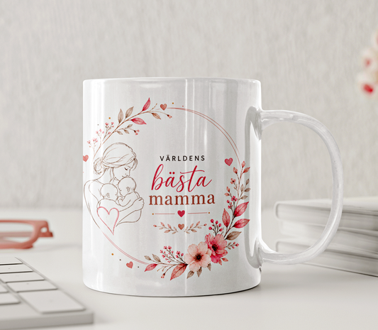 Personlig mugg - Världens bästa tvillingmamma, line art, rosa blommor