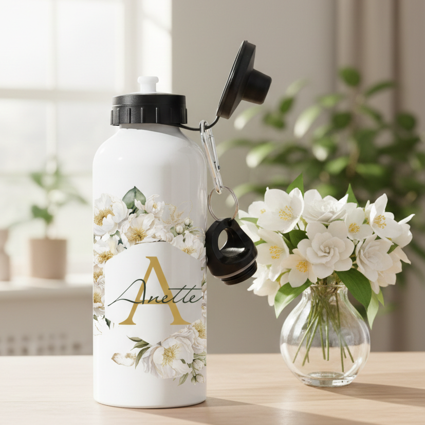 personlig vattenflaska med namn och vita blommor