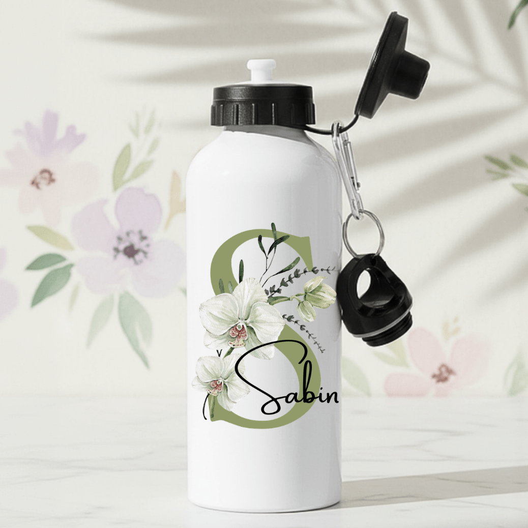 vit orkide ménstrad vattenflaska med valfritt namn