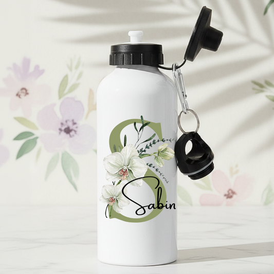 vit orkide ménstrad vattenflaska med valfritt namn